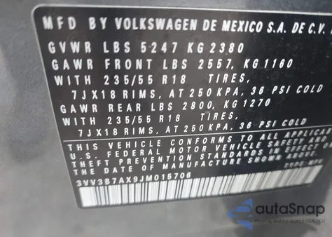 2018 Volkswagen Tiguan 2.0T Se/2.0T Sel from USA, damaged, VIN 3VV3B7AX9JM015706